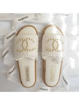 24 CC Logo Pearl Tweed Slippers Mule Ivory G45575