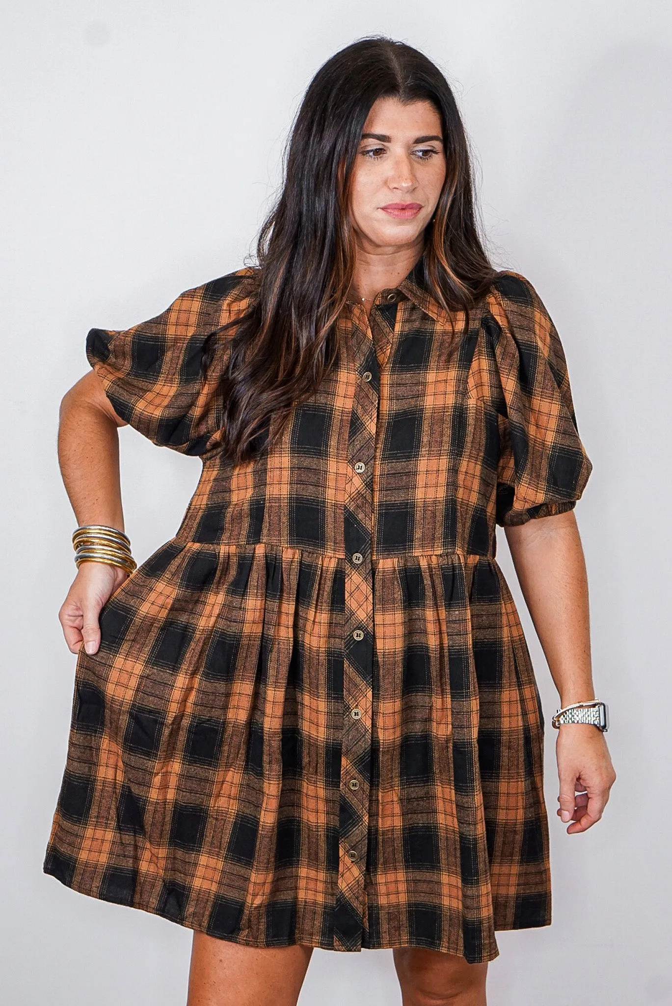 Bonfire Dates Caramel Plaid Dress