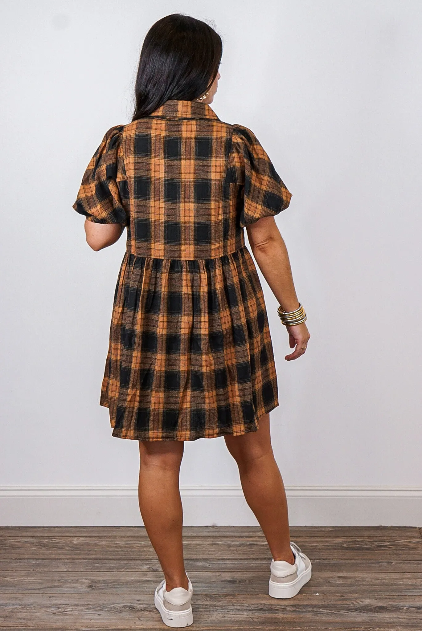 Bonfire Dates Caramel Plaid Dress