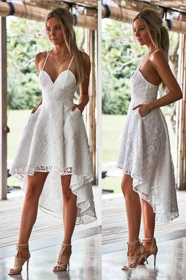 Chic White Lace High-Low Homecoming Dress, Spaghetti Straps Lace Homecoming Gown UQ2186