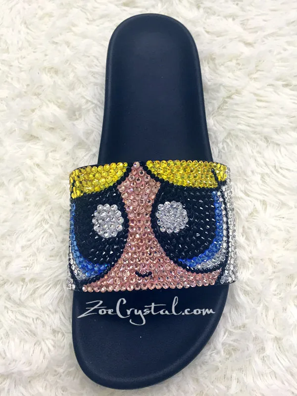 Customize Your SANDALS SLIDES Slippers in Summer Beach, Wedding, Fashion - Example of Bling Powerpuff Girls - Bedazzled Swarovski Rhinestone