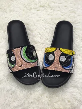 Customize Your SANDALS SLIDES Slippers in Summer Beach, Wedding, Fashion - Example of Bling Powerpuff Girls - Bedazzled Swarovski Rhinestone